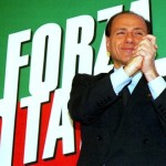 The leader of the Forza Italia party Silvio Berlusconi celebrates 29 March 1994 results from polls giving him and his coalition partners, the Northern League and the National Alliance, a majority of seats in Italy's parliament.